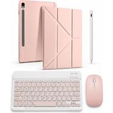 Turotto Galaxy Tab S9 Fe Plus SM-X610 Ile Uyumlu Standlı Kılıf Dokunmatik Kalem ve Klavye Mouse Set - Pembe
