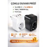 TUROVE USB-C ve USB-A Çıkışlı 16A 3680W Çoklu Duvar Prizi