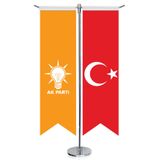 Turuncu AkParti (AKP) Bayrağı ve Türkiye - Kırlangıç - Saten T direk 2li Masa Bayrağı