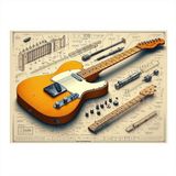 Turuncu Elektro Gitar Planı Tasarım Mdf Tablo 25cmX 35cm