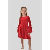 Turuncu Gardrop Kolları Bağcık Detay Uzun Kol Kadife Kız Çocuk Elbise Kırmızı - 3 - 4 Yaş
