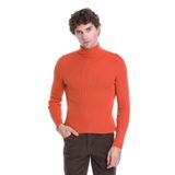 Turuncu Slim Fit Fitilli Balıkçı Yaka Yünlü Triko Kazak | S