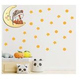 Tusador S0015 Tilki Dünyası Ay Üzerinde Uyuyan Sevimli Tilki Sarı Yıldızlar ve Puantiyeler Sticker