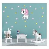 Tusador T0343 ST Tilki Dünyası Minik Unicorn Pembe Kalpler ve Sarı Yıldızlar Çocuk Odası Sticker