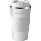 Tusah 304 Pazlanmaz Çelik 500 ml Kaydırmaz Lastikli Termos Bardak Mug Isme Özel - Beyaz