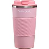 Tusah 304 Pazlanmaz Çelik 500 ml Kaydırmaz Lastikli Termos Bardak Mug Isme Özel - Pembe