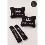 TUSBA MARKET Princess Nakışlı Tay Tüyü Araç Boyun Yastığı ve Emniyet Kemer Pedi 2+2 Set Siyah Pembe
