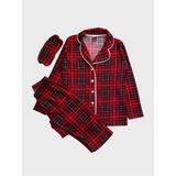 Tusem Butik Homewear Erkek Çocuk Pamuklu Süet Kumaş Kırmızı Ekose Desenli Gömlek Yaka Düğmeli Uyku Bantlı Pijama Takımı - 12 Yaş