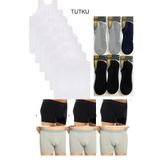 Tutku Erkek 6'lı Penye Atlet-6'lı Likra Boxer-6'lı Bambu Kısa Çorap Takım, Beyaz, M