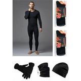 Tutku Erkek Siyah Termal Alt Üst Takım-Polar Şapka-Eldiven-Boyunluk-2 Çift Termal Çorap Set - 3XL