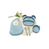 tutobaby 5 Parça %100 Silikon Bebek Beslenme Seti (VAKUMLU TABAK VE KASE-ÇATAL-KAŞIK-MAMA ÖNLÜĞÜ)mavi