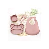 tutobaby 5 Parça %100 Silikon Bebek Beslenme Seti (VAKUMLU TABAK VE KASE-ÇATAL-KAŞIK-MAMA ÖNLÜĞÜ)pembe