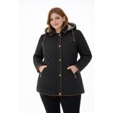 TUTveAL Collection Baharlık Ekoseli Kapitone Mont Kapüşonlu Siyah Kapitone Mont Büyük Beden Mont Suya Dayanıklı