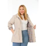 TUTveAL Collection Kadın Suya Dayanıklı Büyük Beden Trençkot Kapüşonlu Ekoseli Krem Trençkot Bonded Kumaş Trençkot