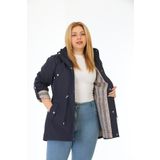TUTveAL Collection Kadın Suya Dayanıklı Büyük Beden Trençkot Kapüşonlu Ekoseli Lacivert Trençkot Bonded Kumaş Trençkot