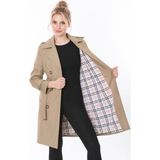 TUTveAL Collection Kadın Suya Dayanıklı Büyük Beden Trençkot Kemerli Uzun Kruvaze Trençkot Bonded Kumaş Astarlı - Vizon - 44
