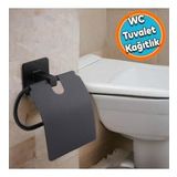 Tuvalet Kağıtlık Yapışkanlı Kapaklı Aparat Wc Kağıt Standı Paslanmaz Metal Sağlam Siyah