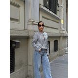 Tüvit Gümüş Gri Pullu Kısa Kadın Blazer Ceket