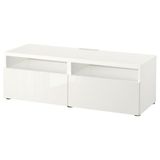 Tv Sehpası, Parlak Cila-Beyaz, 120X42X39 Cm, Selsvıken, Çıt Çıt Raylı