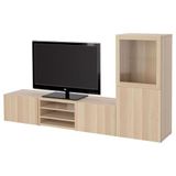 Tv ünitesi, ağartılmış meşe görünümlü-beyaz meşe görünümlü-şeffaf cam, 240x42x129 cm, LAPPVIKEN/SINDVIK, çıt çıt raylı