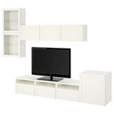 Tv ünitesi, beyaz-şeffaf cam, 300x42x211 cm, HANVIKEN/SINDVIK, çıt çıt raylı