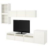 Tv ünitesi, beyaz-şeffaf cam, 300x42x211 cm, HANVIKEN/SINDVIK, fren raylı
