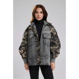 Tw3 Kadın Denim ve Kamuflaj Kumaş Garnili Tasarım Oversize Ceket