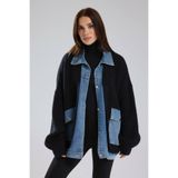 tw3 Kadın Kalın Triko Denim Kumaş Garnili Tasarım Ceket Hırka