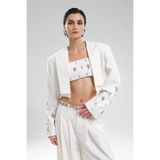 tw3 Kadın Kolları Elişleme Detaylı Tasarım Crop Blazer Ceket