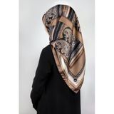 Twill Şal Desenli Bej Renkli 90X90 Eşarp (İpek İçermez) Kenar Dikiş Şekli El Dikişli