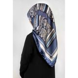 Twill Şal Desenli İndigo - Gri Renkli 90X90 Eşarp (İpek İçermez) Kenar Dikiş Şekli El Dikişli