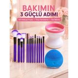 Twin Store 3’lü Güzellik ve Kişisel Bakım Seti 12’li Makyaj Fırçası Fırça Temizleme Cihazı ve Yüz Temizleme Cihazı