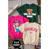 twins tailors Brooklyn Ve Pastaı Kız Baskılı 3'lü Paket Yeşil-Pembe-Bej Kız Çocuk T-Shirt