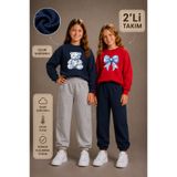 twins tailors Kız Çocuk Oyuncak Ayı Ve Teddy Kurdale Baskılı İçleri Şardonlu 2'Li Paket Lacivert-Kırmızı Çocuk Eşofman Takımı