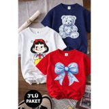twins tailors Oyuncak Ayı Ve Sevimli Kız Baskılı 3'lü Paket Lacivert-Beyaz-Kırmızı Kız Çocuk T-shirt