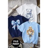 twins tailors Prenses Ve Oyuncak Ve Kurdale Baskılı 3'lü Paket Lacivert-Beyaz-Mavi Kız Çocuk T-shirt
