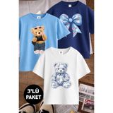 twins tailors Teddy Bear Oyuncak Ayı Ve Kurdale Baskılı 3'lü Paket Lacivert-Mavi-Beyaz Kız Çocuk T-Shirt