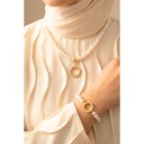 TwinsCollection Çeyrek Altın Uyumlu 8mm İncili Kolye Bileklik Seti - Çeyrekli Kolye Bileklik Seti