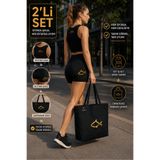 TWINTICKS Kadın Siyah 2'li Tayt Takım ve Kanvas Çanta Seti Yüksek Bel Şort Crop Atlet Günlük Fitness Yoga Kombini