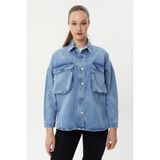Twister Bg J66-02 Middle Blue Cep Detaylı Oversize Kadın Kot Ceket Açık Mavi