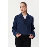 Twister J74-01 Dark Blue Ceket Yaka Düğmeli Oversize Kadın Kısa Kot Ceket Laci - Lacivert