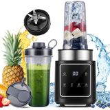 Twomeow Stand Mikser, 1500 W, Buz Kırma Bıçağı 6 Mikser Bıçağı, 4 Program + Darbe Fonksiyonlu Smoothie Makinesi, 2 x 900 ml Şişe, Smoothie'ler, Milkshake'ler ve Meyveleri Dondurmak Için - Siyah