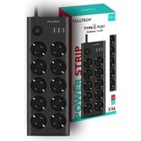 Type-C Port Girişli Akım Korumalı 10'lu Priz, 3 USB, 1 Type-C Giriş, Isıya Dayanıklı, FTR-14 Grup Priz, Çoklu Uzatma Kablo (SİYAH)