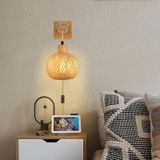 TZSMUM İç mekan retro LED duvar aydınlatması, şalterli, fişli, duvar lambası, yaratıcı, rattan masif ahşap duvar lambası, yatak odası, koridor, oturma odası için dekorasyon (1 adet)