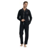U.S. Polo Assn. Erkek Pijama Takımı, Uzun Kollu, Önden Düğmeli,%100 Pamuk, Siyah, S Beden