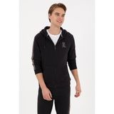 U.S. Polo Assn. Erkek Regular Fit Fermuarlı Kapüşonlu Şeritli Siyah Örme Hırka 50315808-VR046 - Siyah-128 - 3XL