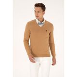 U.S. Polo Assn. Erkek Slim Fit V Yaka Camel Basic Triko Kazak 50313662-VR015 - Camel - Altın