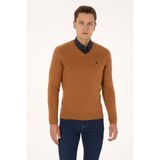 U.S. Polo Assn. Erkek Slim Fit V Yaka Camel Basic Triko Kazak 50313662-VR233 - Bisküvi