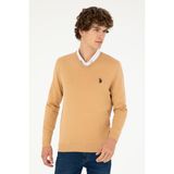 U.S. Polo Assn. Erkek Slim Fit V Yaka Camel Melanj Basic Kazak 50293512-VR122 - 3XL
