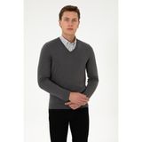 U.S. Polo Assn. Erkek Slim Fit V Yaka Gri Basic Triko Kazak 50313662-VR024 - Gri-006